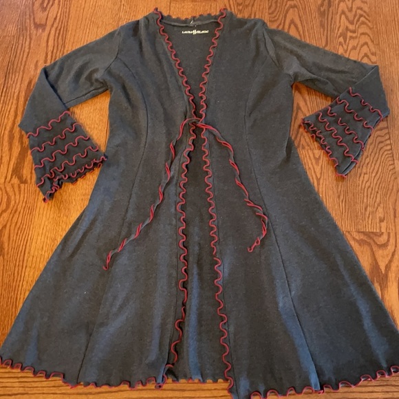 LAURA HLAVAC super stretch rib knit RUFFLE CARDIGAN tie front charcoal grey SM - Picture 10 of 12